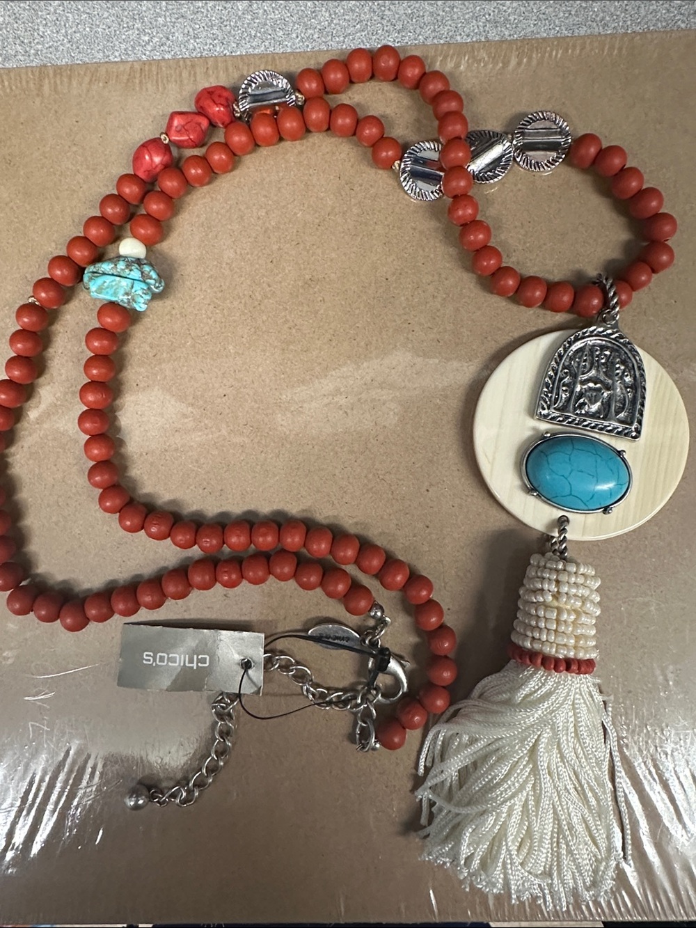 NWT Chico's Red Beaded Necklace with Turquoise Accent and Cream Tassel